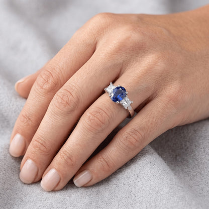 Oval Princess Cut 2.25 Ct Ceylon Sapphire Natural Earth Mined Diamonds Ring White Gold 14K