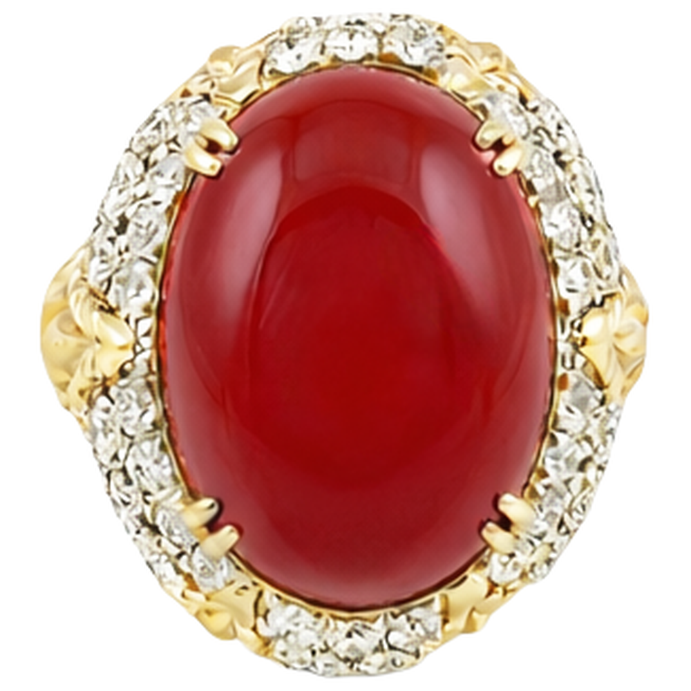 Oval Red Coral With Natural Earth Mined Diamonds 11.20 Ct Wedding Ring 14K Yellow Gold 14K
