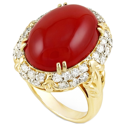 Oval Red Coral With Natural Earth Mined Diamonds 11.20 Ct Wedding Ring 14K Yellow Gold 14K