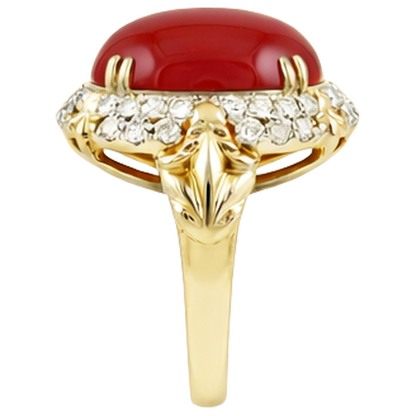 Oval Red Coral With Natural Earth Mined Diamonds 11.20 Ct Wedding Ring 14K Yellow Gold 14K