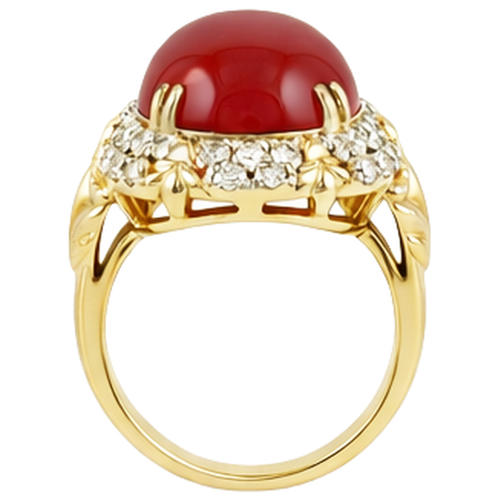 Oval Red Coral With Natural Earth Mined Diamonds 11.20 Ct Wedding Ring 14K Yellow Gold 14K