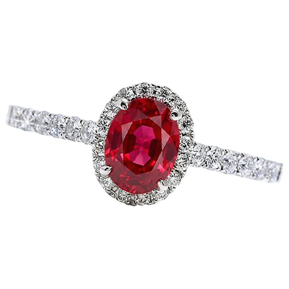 Oval Ruby Natural Earth Mined Diamond Ring Lady Halo Jewelry White Gold 14K 3.70 Ct.