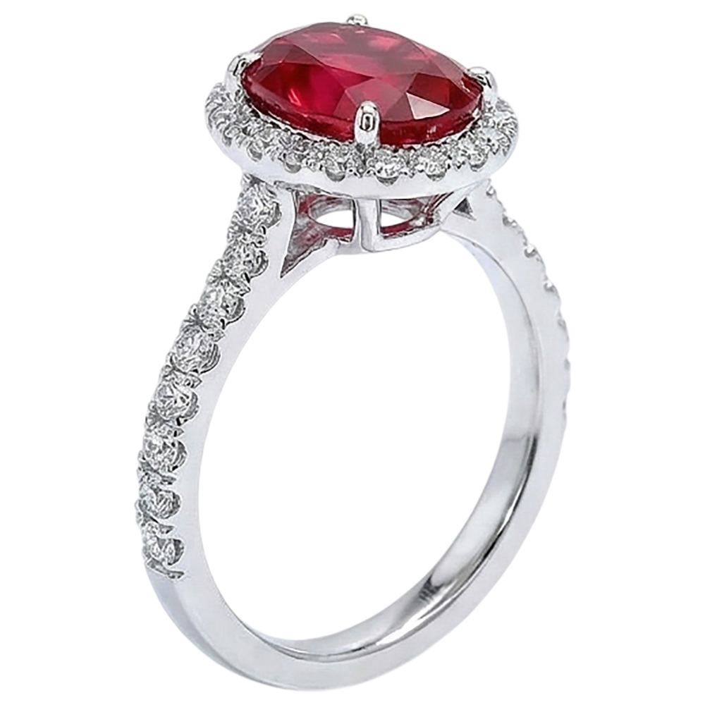 Oval Ruby Natural Earth Mined Diamond Ring Lady Halo Jewelry White Gold 14K 3.70 Ct.