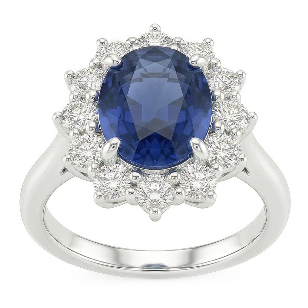 Oval Sapphire And Natural Earth Mined Diamond Fancy Ring 1.55 Carats White Gold 14K