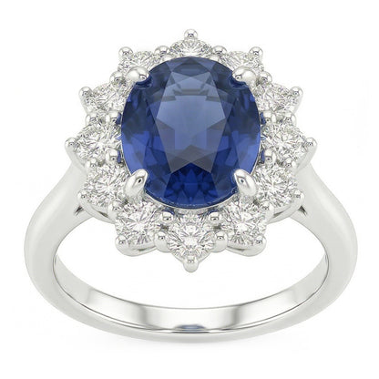 Oval Sapphire And Natural Earth Mined Diamond Fancy Ring 1.55 Carats White Gold 14K