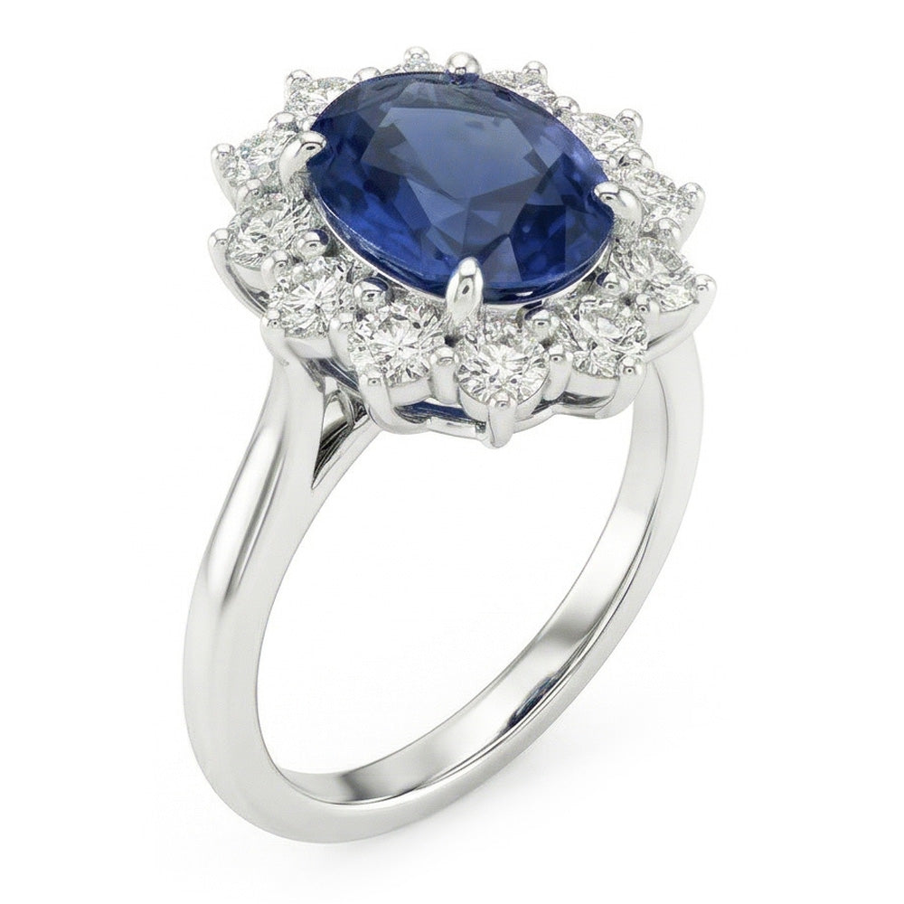 Oval Sapphire And Natural Earth Mined Diamond Fancy Ring 1.55 Carats White Gold 14K