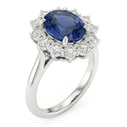 Oval Sapphire And Natural Earth Mined Diamond Fancy Ring 1.55 Carats White Gold 14K