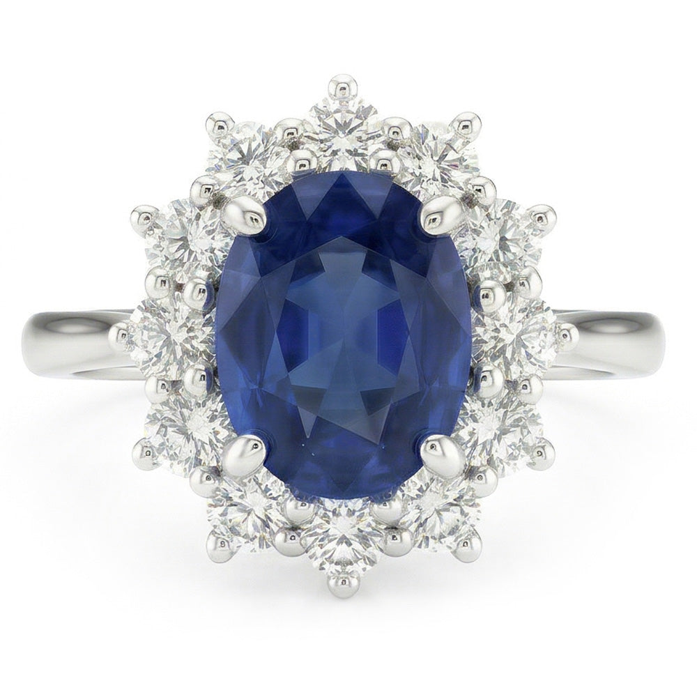 Oval Sapphire And Natural Earth Mined Diamond Fancy Ring 1.55 Carats White Gold 14K