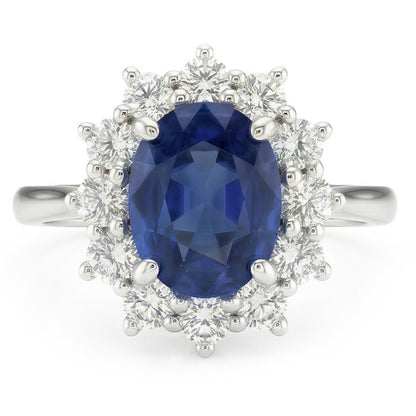 Oval Sapphire And Natural Earth Mined Diamond Fancy Ring 1.55 Carats White Gold 14K