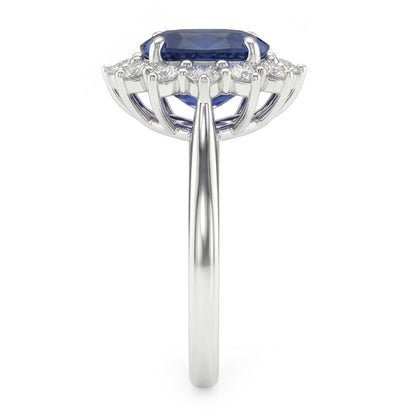 Oval Sapphire And Natural Earth Mined Diamond Fancy Ring 1.55 Carats White Gold 14K