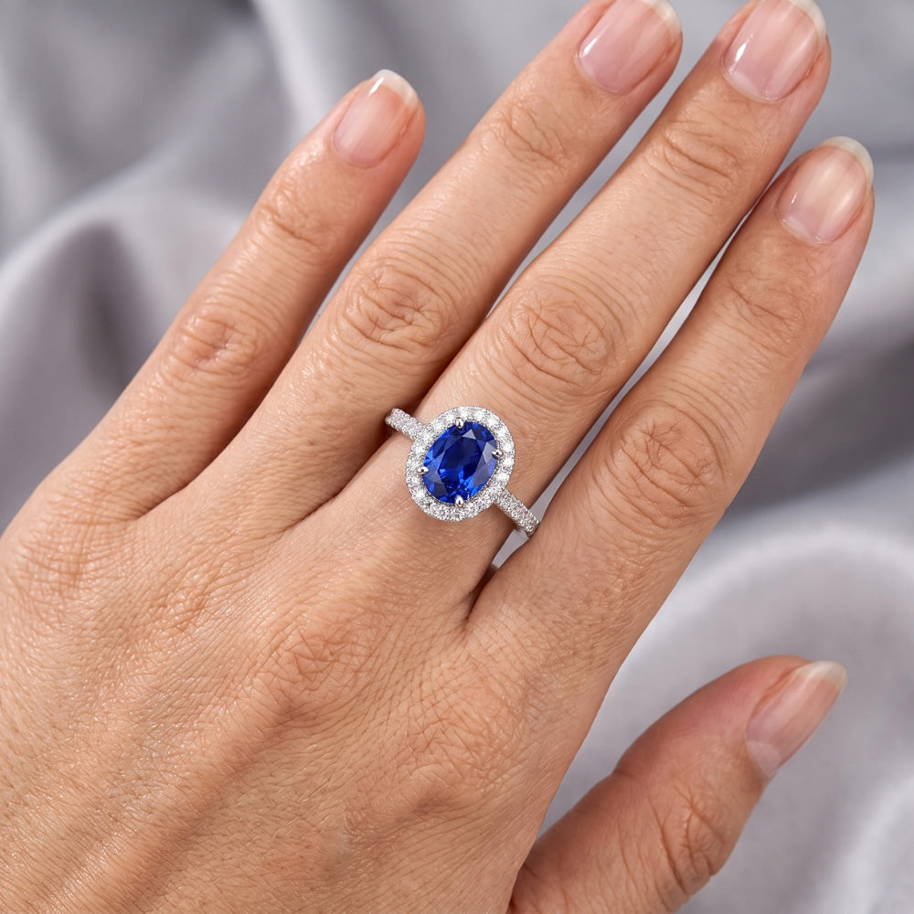 Oval Sapphire Engagement Ring With Natural Earth Mined Diamond Halo