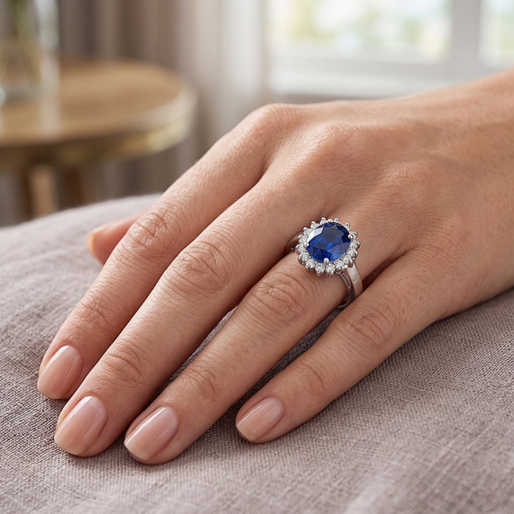Oval Sapphire Gemstone Ring 3.50 Carats Flower Style Natural Earth Mined Diamonds