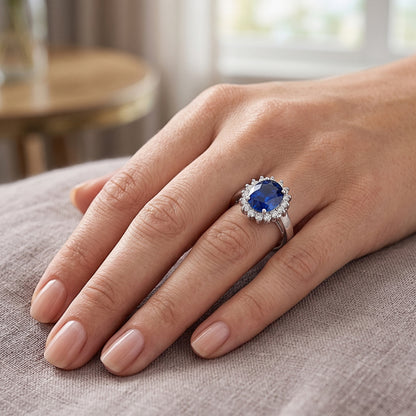 Oval Sapphire Gemstone Ring 3.50 Carats Flower Style Natural Earth Mined Diamonds