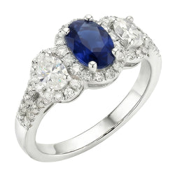 Oval Sapphire Halo Ring 3 Stone Style 3.50 Carats Split Shank Natural Earth Mined Diamonds