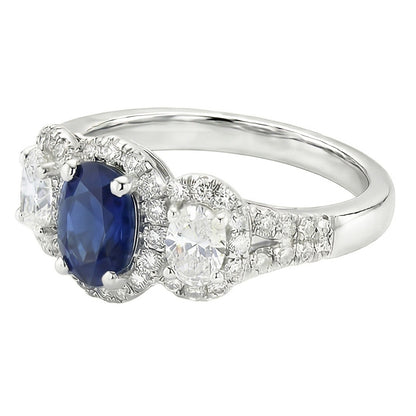 Oval Sapphire Halo Ring 3 Stone Style 3.50 Carats Split Shank Natural Earth Mined Diamonds