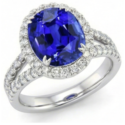 Natural Real ( Not Lab Grown )  Oval Sapphire Halo Wedding Ring Set Pave Split Shank 5 Carats Gold
