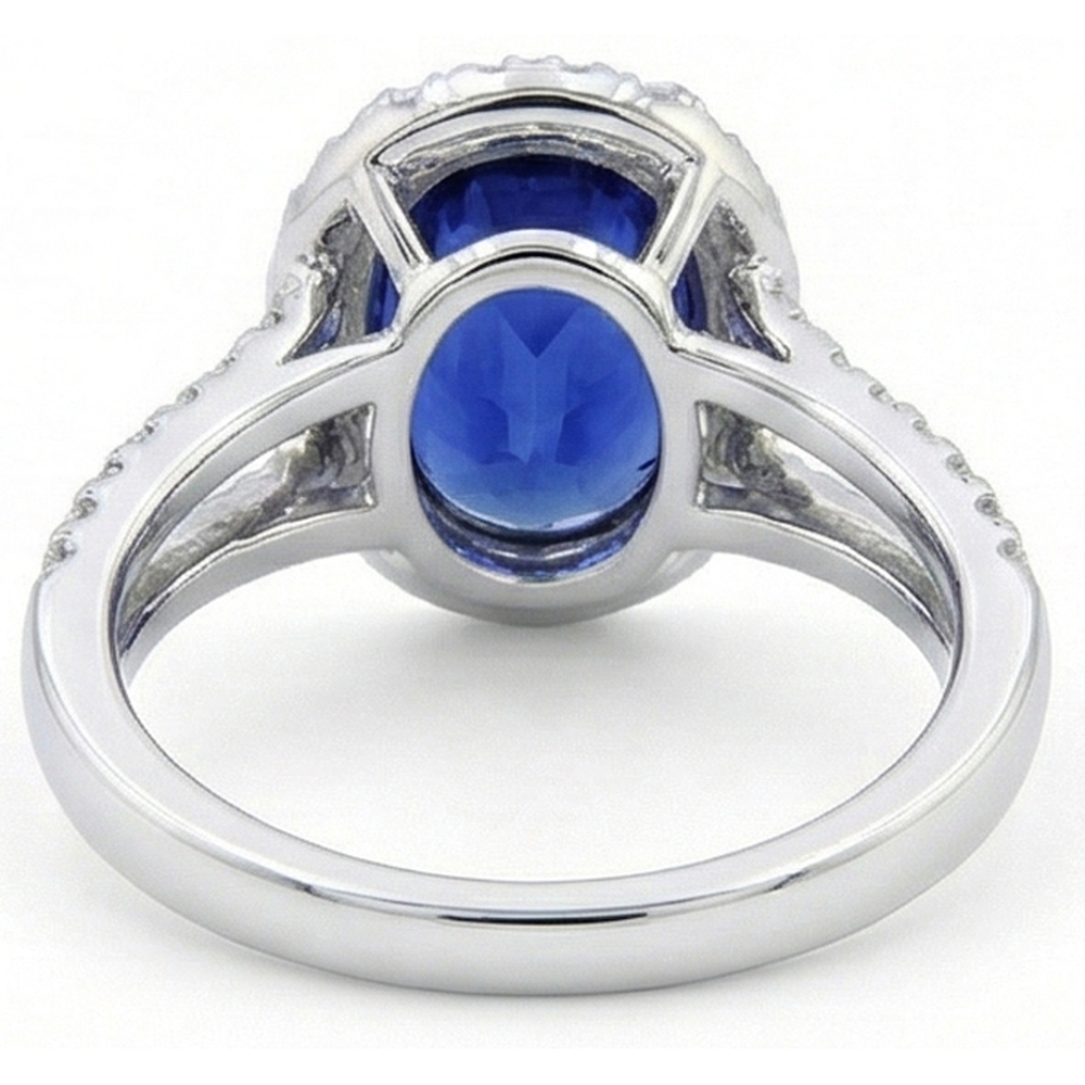 Natural Real ( Not Lab Grown )  Oval Sapphire Halo Wedding Ring Set Pave Split Shank 5 Carats Gold