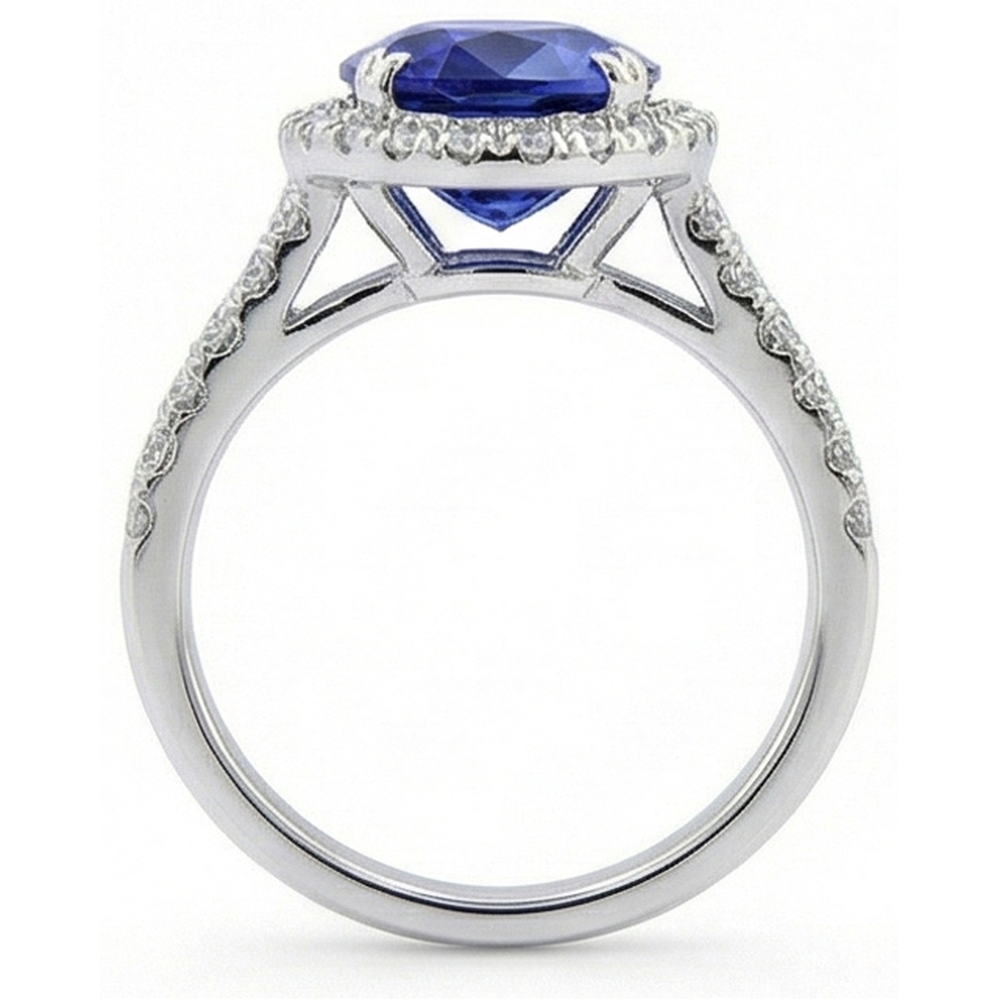 Natural Real ( Not Lab Grown )  Oval Sapphire Halo Wedding Ring Set Pave Split Shank 5 Carats Gold