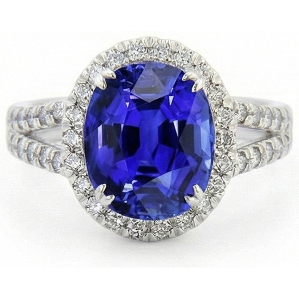 Natural Real ( Not Lab Grown )  Oval Sapphire Halo Wedding Ring Set Pave Split Shank 5 Carats Gold