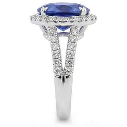 Natural Real ( Not Lab Grown )  Oval Sapphire Halo Wedding Ring Set Pave Split Shank 5 Carats Gold