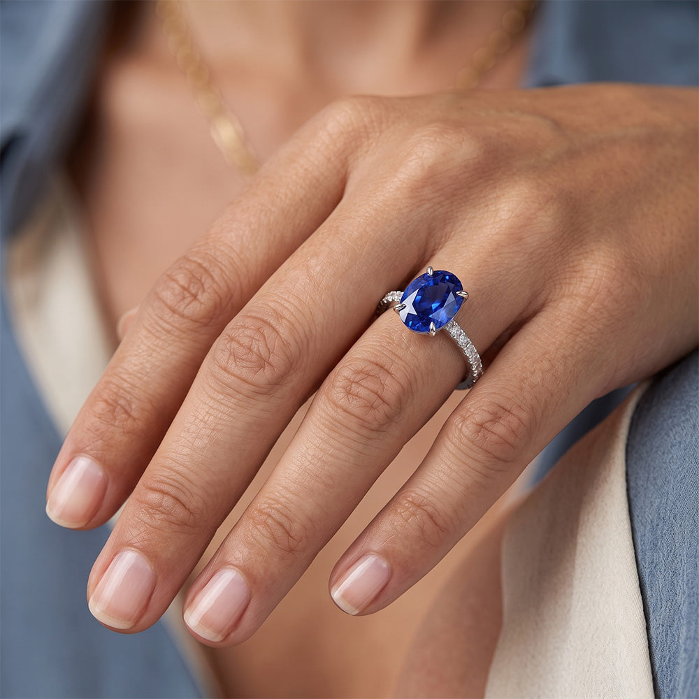 Oval Sapphire Ring With Round Natural Earth Mined Diamonds