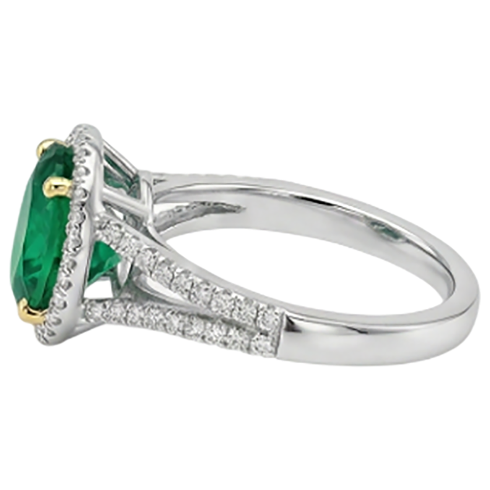 Natural Real ( Not Lab Grown ) Oval Shaped Green Emerald GIA Wedding Ring With Halo Diamonds