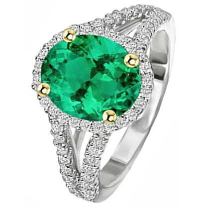 Natural Real ( Not Lab Grown ) Oval Shaped Green Emerald GIA Wedding Ring With Halo Diamonds