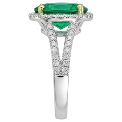 Natural Real ( Not Lab Grown ) Oval Shaped Green Emerald GIA Wedding Ring With Halo Diamonds