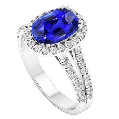 Oval Shaped Halo Blue Sapphire Ring Split Shank Natural Earth Mined Diamond 5 Carats