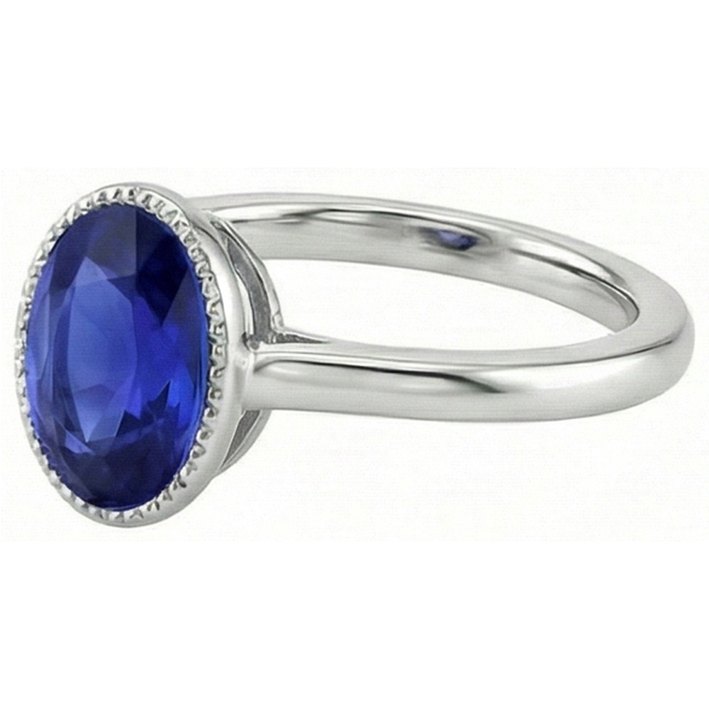 Natural Real ( Not Lab Grown )  Oval Solitaire Blue Sapphire Ring Bezel Set 2.50 Carats Jewelry
