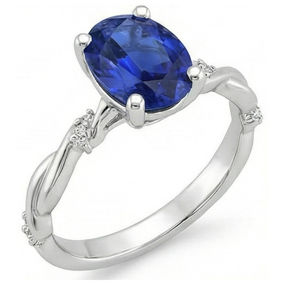 Natural Real ( Not Lab Grown )  Oval Solitaire Blue Sapphire With Accents Ring Twist Style 3.50 Carats
