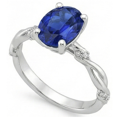 Natural Real ( Not Lab Grown )  Oval Solitaire Blue Sapphire With Accents Ring Twist Style 3.50 Carats