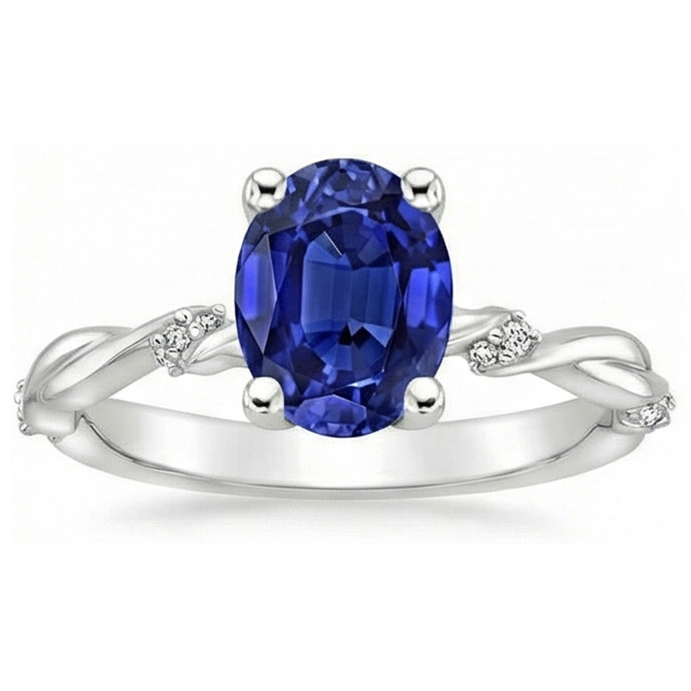 Natural Real ( Not Lab Grown )  Oval Solitaire Blue Sapphire With Accents Ring Twist Style 3.50 Carats