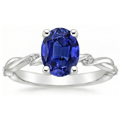 Natural Real ( Not Lab Grown )  Oval Solitaire Blue Sapphire With Accents Ring Twist Style 3.50 Carats