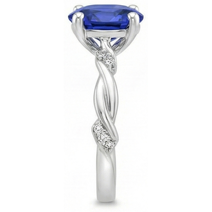 Natural Real ( Not Lab Grown )  Oval Solitaire Blue Sapphire With Accents Ring Twist Style 3.50 Carats