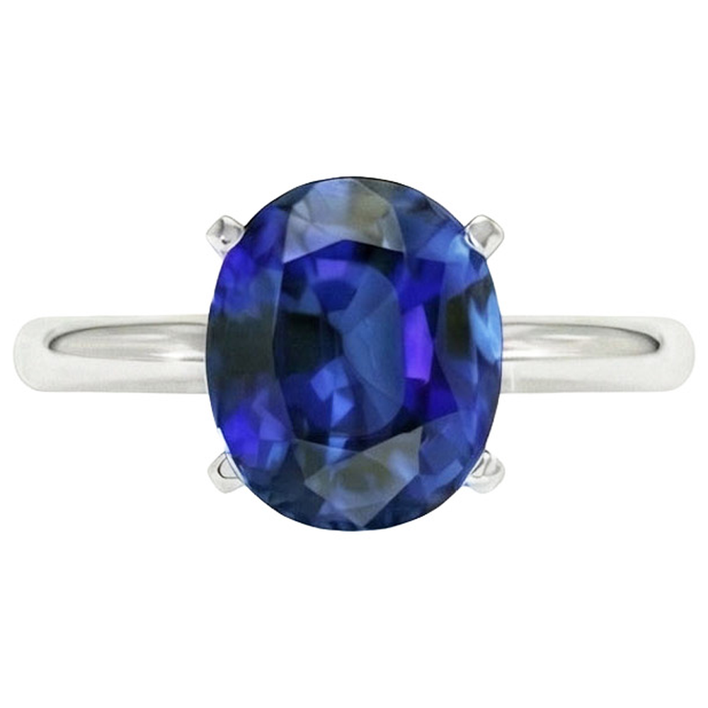 Natural Real ( Not Lab Grown )  Oval Solitaire Ceylon Blue Sapphire White Gold Ring 4.50 Carats