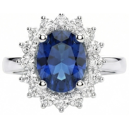Oval Sri Lanka Sapphire & Natural Earth Mined Diamond Ring White Gold Jewelry