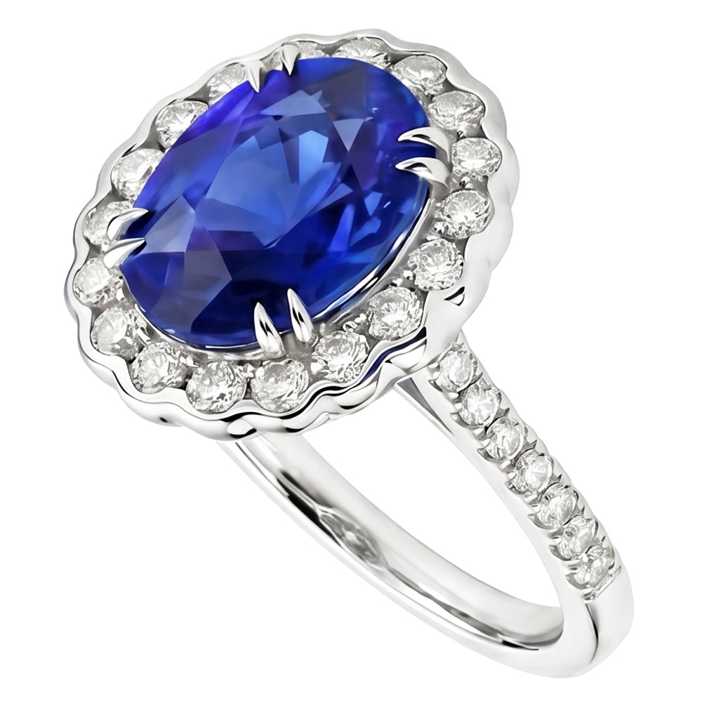 Oval Sri Lankan Sapphire Natural Earth Mined Diamonds 4.30 Ct Ring White Gold 14K