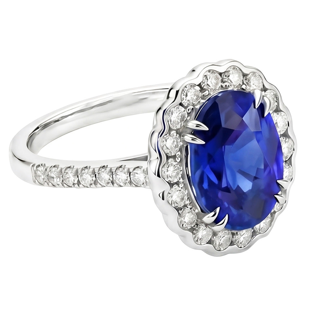 Oval Sri Lankan Sapphire Natural Earth Mined Diamonds 4.30 Ct Ring White Gold 14K