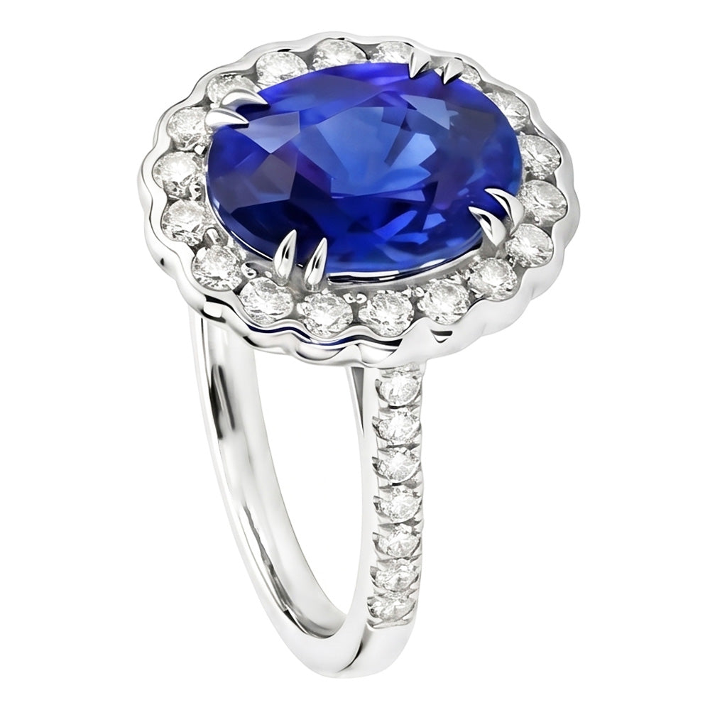 Oval Sri Lankan Sapphire Natural Earth Mined Diamonds 4.30 Ct Ring White Gold 14K