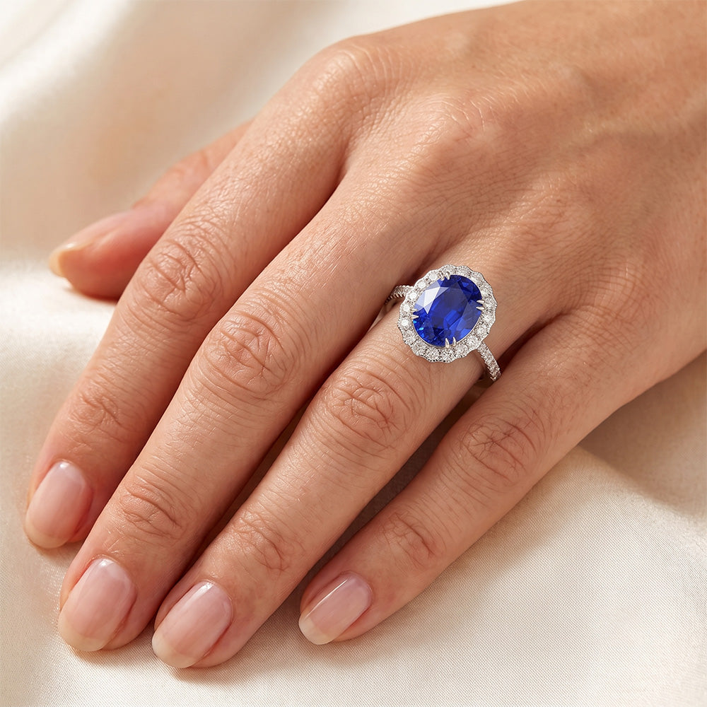 Oval Sri Lankan Sapphire Natural Earth Mined Diamonds 4.30 Ct Ring White Gold 14K