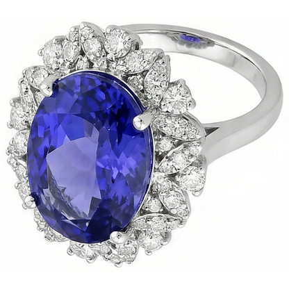 Oval Tanzanite And Natural Earth Mined Diamonds 7 Carats Cluster Ring White Gold 14K