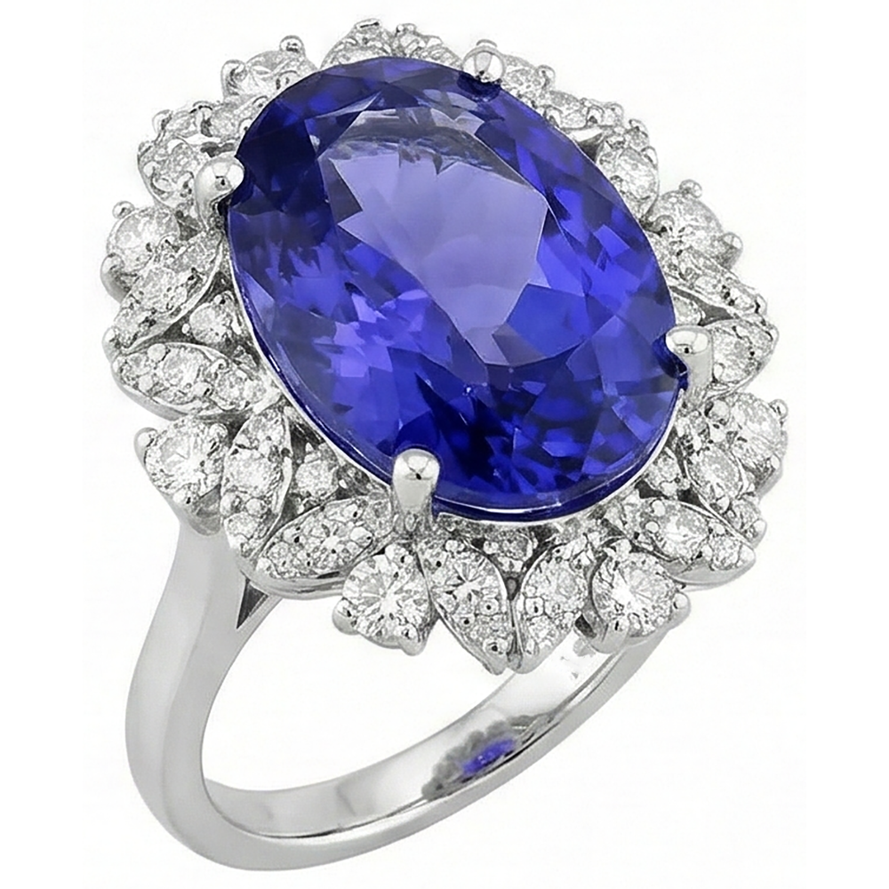Oval Tanzanite And Natural Earth Mined Diamonds 7 Carats Cluster Ring White Gold 14K