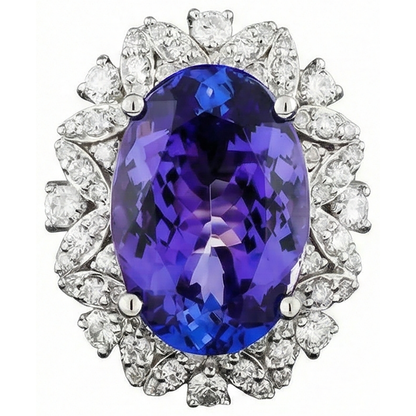 Oval Tanzanite And Natural Earth Mined Diamonds 7 Carats Cluster Ring White Gold 14K