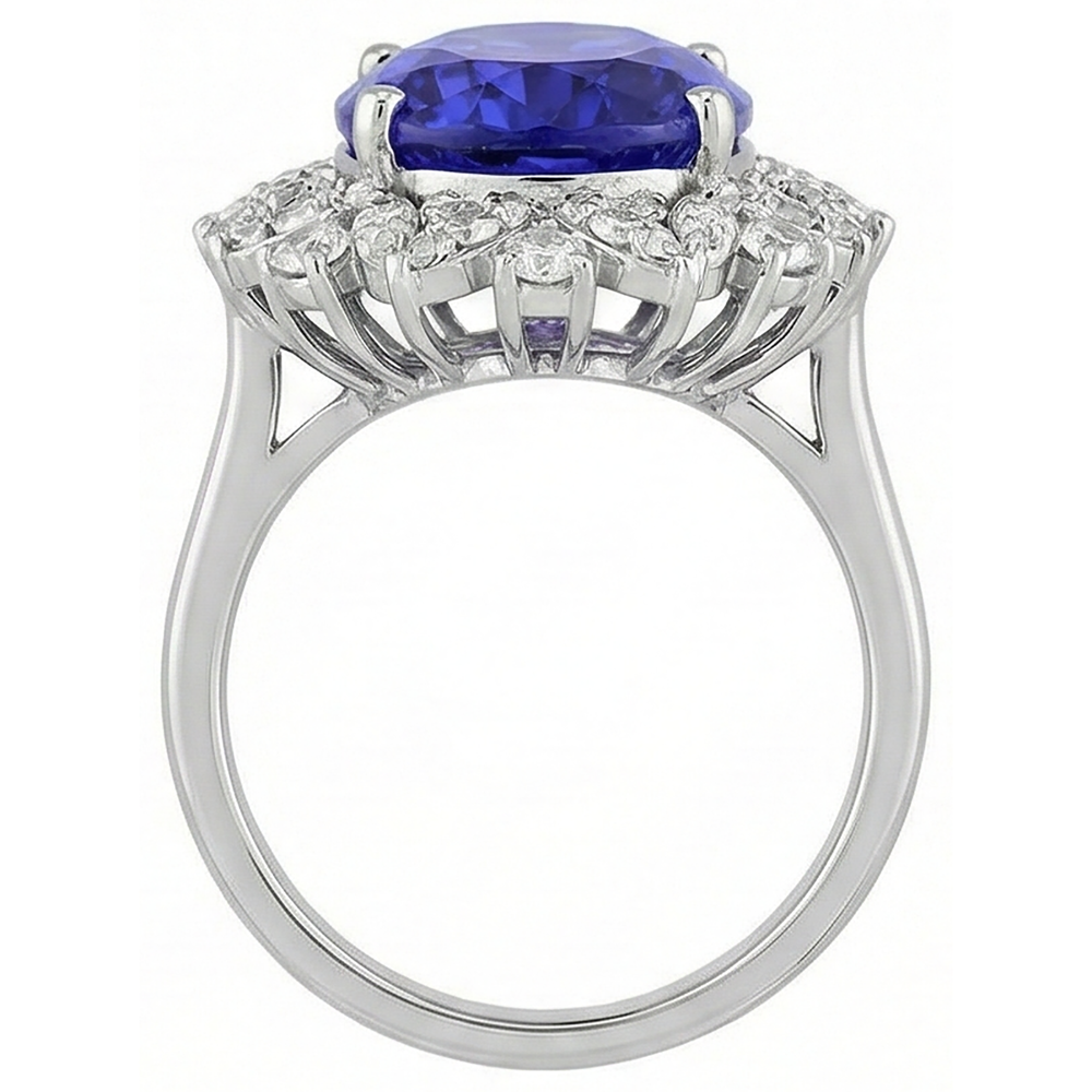 Oval Tanzanite And Natural Earth Mined Diamonds 7 Carats Cluster Ring White Gold 14K