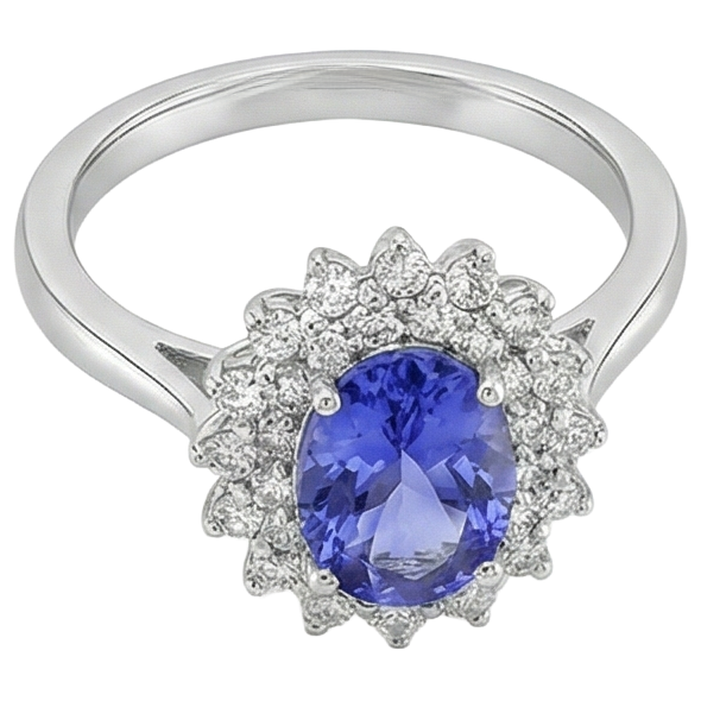 Oval Tanzanite And Round Natural Earth Mined Diamonds 11.25 Carats Ring White Gold 14K