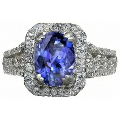 Oval Tanzanite And Round Pave Natural Earth Mined Diamonds 5.70 Carat Ring WG 14K