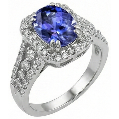 Oval Tanzanite And Round Pave Natural Earth Mined Diamonds 5.70 Carat Ring WG 14K