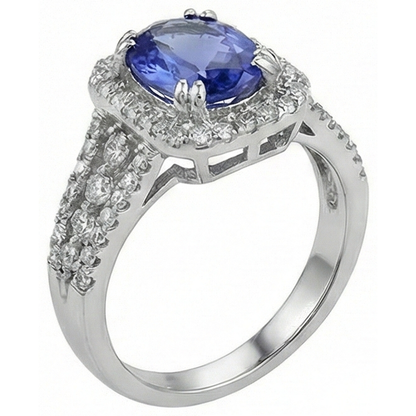 Oval Tanzanite And Round Pave Natural Earth Mined Diamonds 5.70 Carat Ring WG 14K