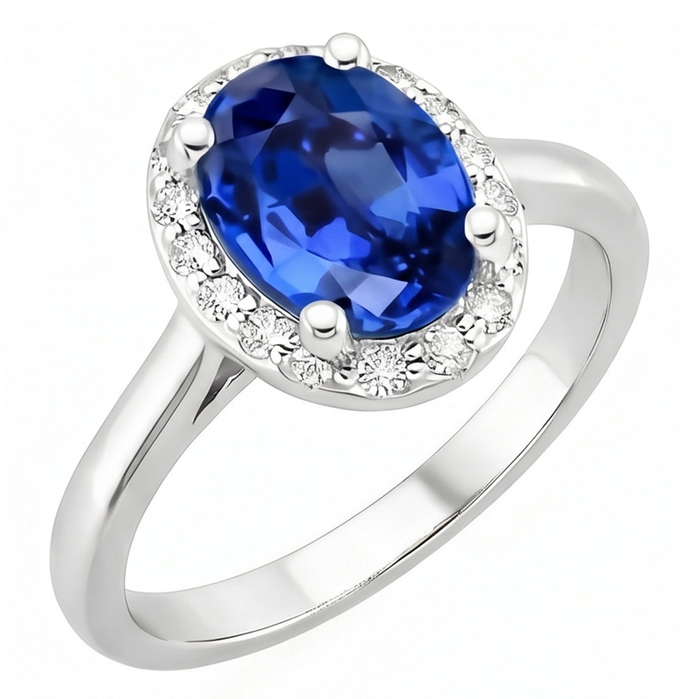 Oval & Round Cut Ceylon Sapphire With Natural Earth Mined Diamond Ring 2.80 Carat WG 14K